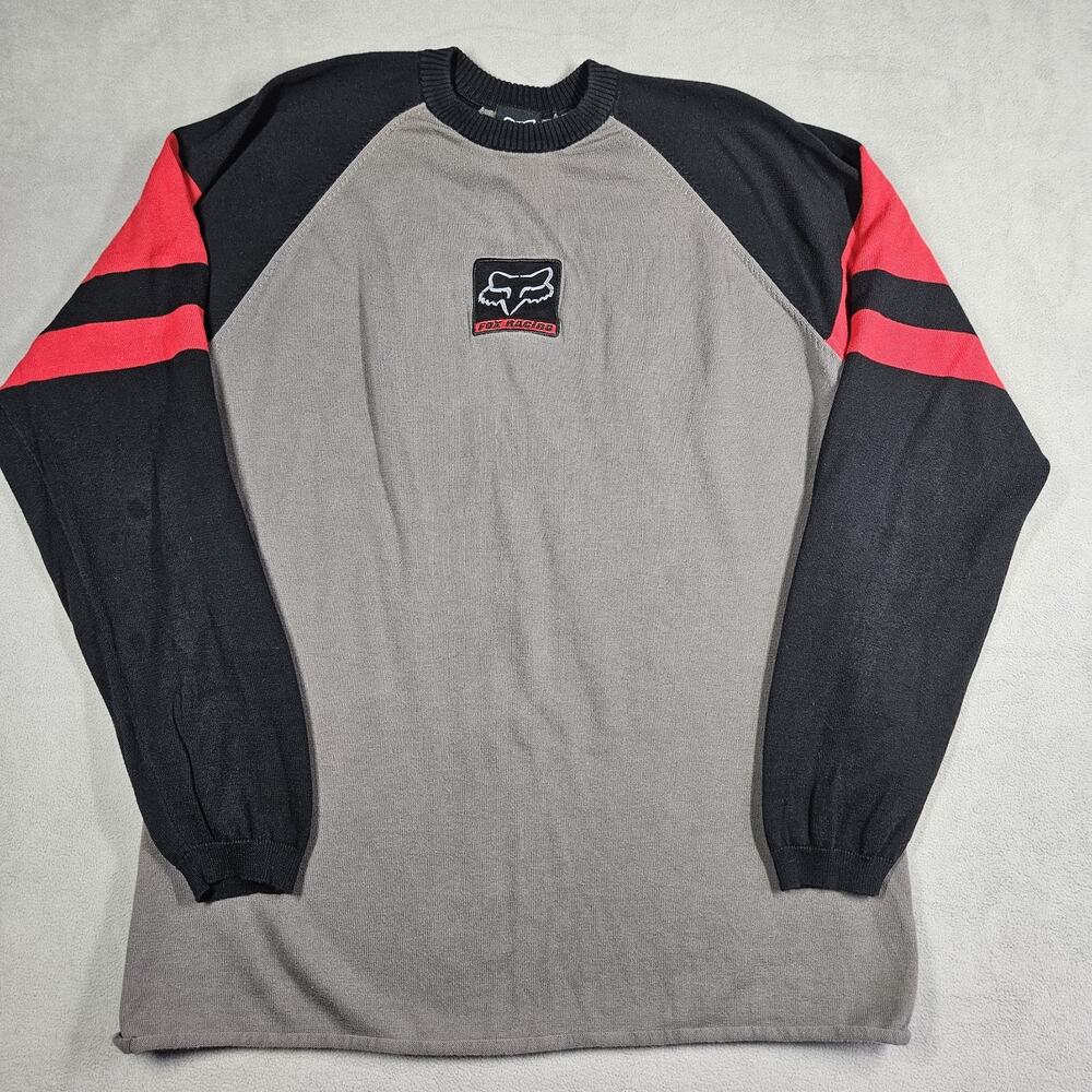 Y2K‎ Fox Racing Sweater Mens XL Gray Red Moto Skater Grunge Motorcross Outdoor